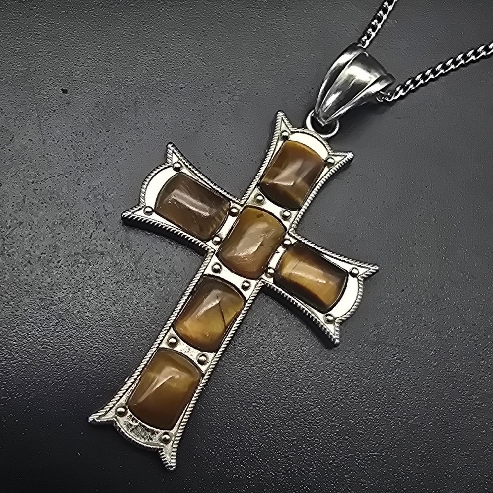 Tiger's Eye Silver Tone Cross Pendant Necklace Religious Costume Jewelry